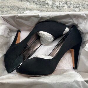 GLINT Black Satin Peep Toe Heels 7